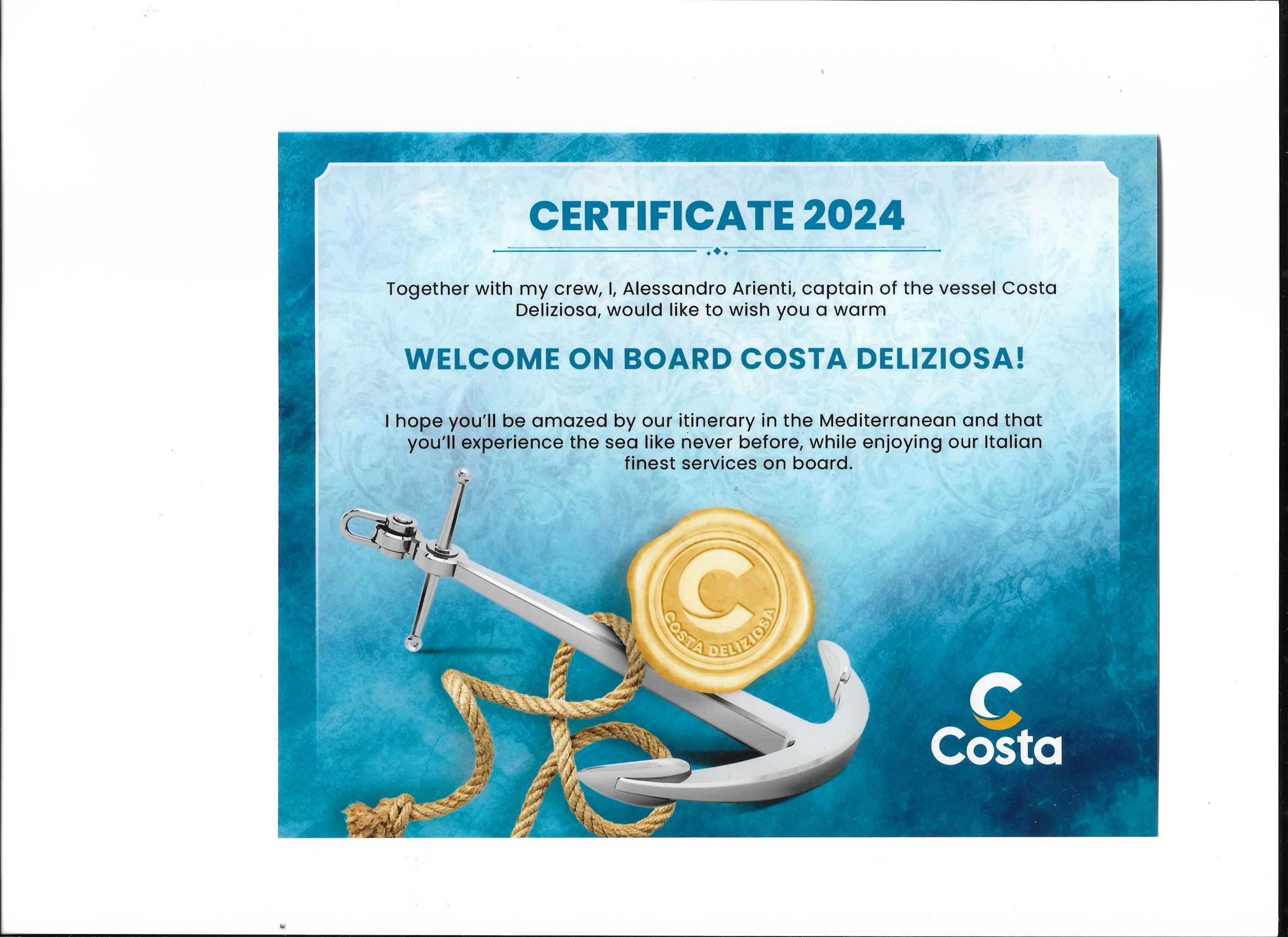 COSTA CERTIFICATE